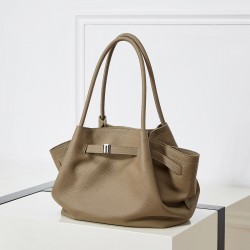 Large, stylish and simple top-grain cowhide handbag, pleated basket bag, elegant genuine leather shoulder and crossbody bag