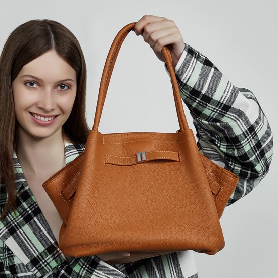 Large, stylish and simple top-grain cowhide handbag, pleated basket bag, elegant genuine leather shoulder and crossbody bag Large, stylish and simple top-grain cowhide handbag, pleated basket bag, elegant genuine leather shoulder and crossbody bag