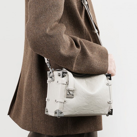 2023 new women's rivet genuine leather bags, new popular square soft box top-grain lazy style crossbody bags