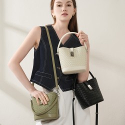 Women's top-grain sheepskin woven bucket bag, 2025 new style handbag and crossbody bag, premium commuter shoulder bag