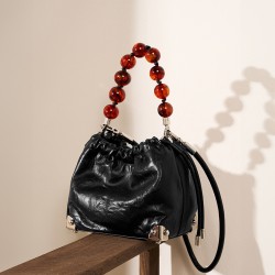 2025 new Chinese-style beaded bags, top-grain cowhide hand-scratched pattern pleated lucky bag handbags, shoulder and crossbody handbags