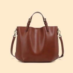 Simple, large-capacity, top-grain cowhide commuter tote bag, versatile, high-end, shoulder-shoulder, crossbody bucket bag for women.