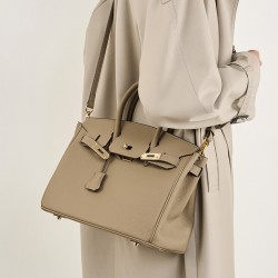 Large Litchi-Pattern Birkin Bag, Genuine Top-Grain Cowhide Handbag, Large-Capacity Kelly Bag, 2025 New Trend