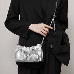 2025 popular underarm bag, high-end cloud-shaped pleated bag for women, top-grain cowhide shoulder crossbody bag with gold ball chain
