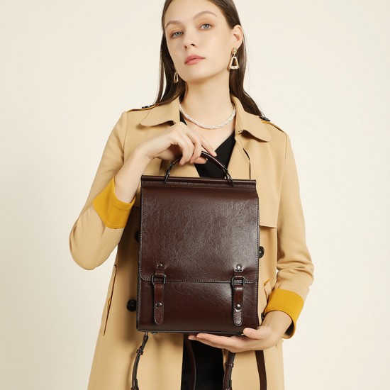 2025 new genuine leather women's backpack, British preppy-style schoolbag, retro computer backpack for college students, simple cowhide backpack