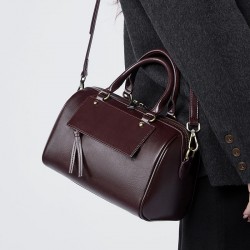 New Winter Genuine Leather Boston Pillow Bag, Fashionable and Casual Handbag, Cowhide Shoulder Bag for Women
