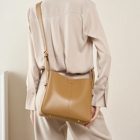 Genuine leather women's bag, 2025 new spring bucket bag, soft leather shoulder crossbody tote, large capacity commuter handbag