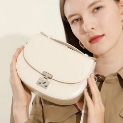 Original New Genuine Leather Saddle Bag, Retro Wide Shoulder Strap Women's Bag, Luxury High-End Niche Casual Crossbody Small Bag with Lock