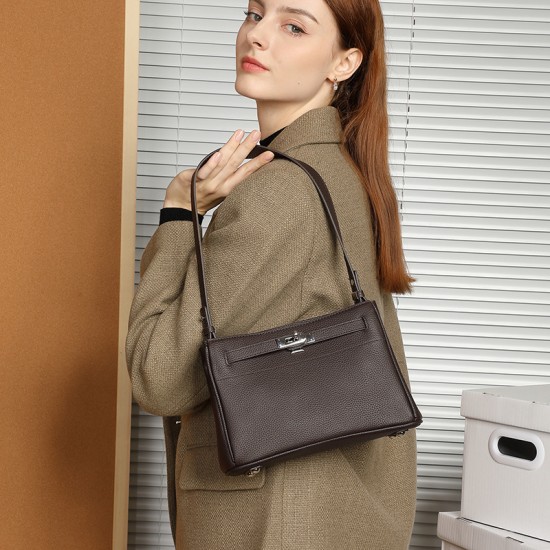 Genuine leather women's bag, top-grain cowhide lock buckle, fashionable, simple, commuter, underarm Small square crossbody bag, Kelly bag Genuine leather women's bag, top-grain cowhide lock buckle, fashionable, simple, commuter, underarm Small square crossbody bag, Kelly bag