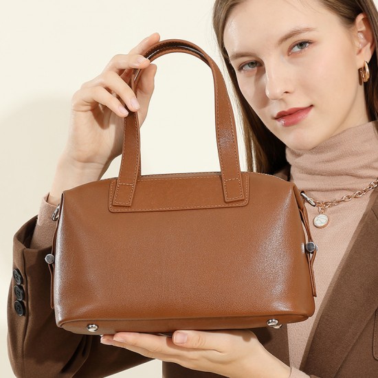 Cross-border genuine leather women's handbag, retro and elegant Boston bag, vegetable tanned cowhide shoulder bag, women's crossbody bag