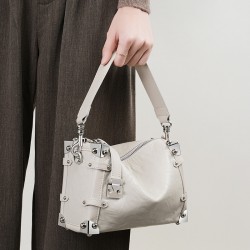 2023 new women's rivet genuine leather bags, new popular square soft box top-grain lazy style crossbody bags