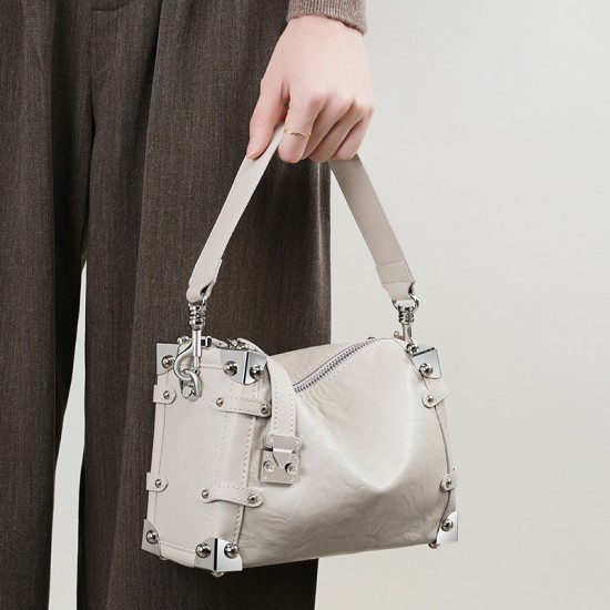 2023 new women's rivet genuine leather bags, new popular square soft box top-grain lazy style crossbody bags