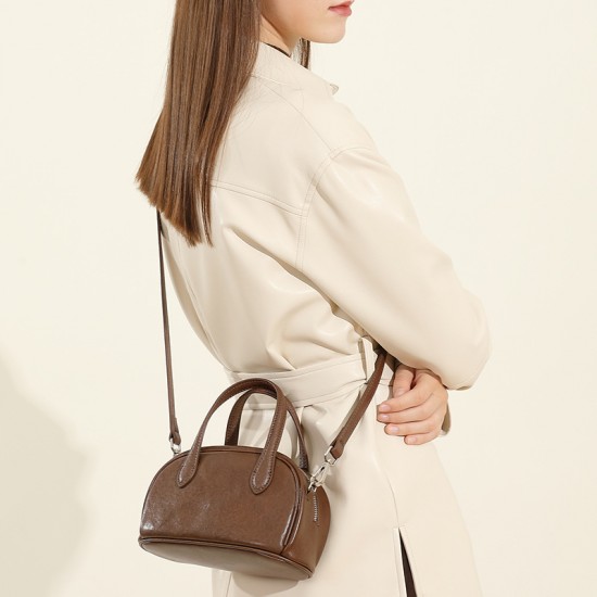 Retro new genuine leather women's bags, cross-border vegetable-tanned cowhide Boston bowling bags, niche shoulder and crossbody handbags
