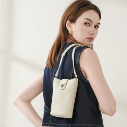 First-grain cowhide shoulder and crossbody small phone bag, versatile women's 2025 new genuine leather vertical casual small bucket bag.