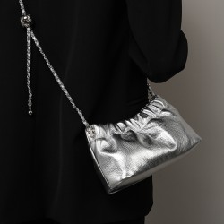 2025 popular underarm bag, high-end cloud-shaped pleated bag for women, top-grain cowhide shoulder crossbody bag with gold ball chain