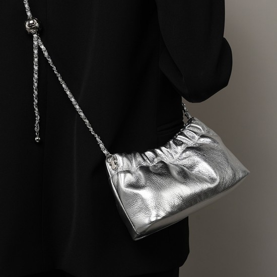 2025 popular underarm bag, high-end cloud-shaped pleated bag for women, top-grain cowhide shoulder crossbody bag with gold ball chain