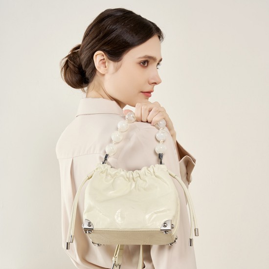 2025 new Chinese-style beaded bags, top-grain cowhide hand-scratched pattern pleated lucky bag handbags, shoulder and crossbody handbags