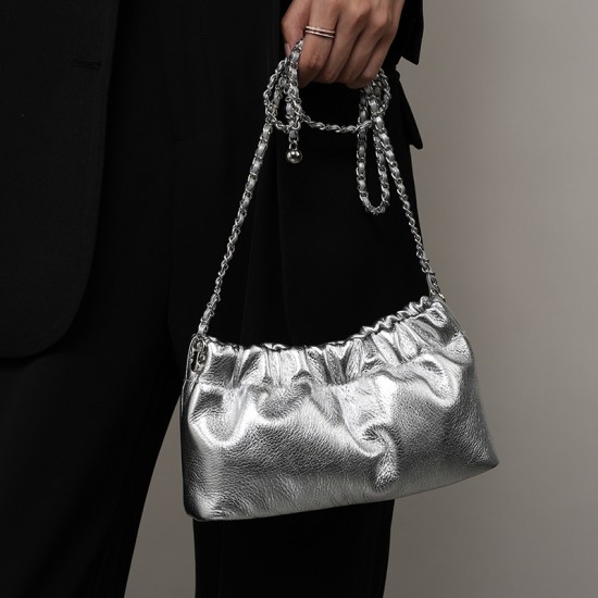 2025 popular underarm bag, high-end cloud-shaped pleated bag for women, top-grain cowhide shoulder crossbody bag with gold ball chain