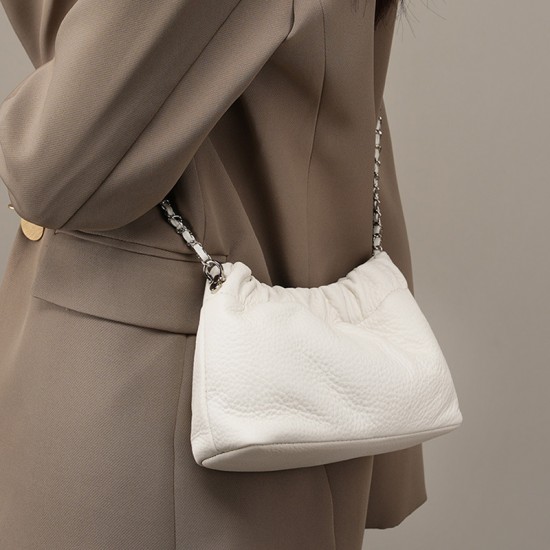 2025 popular chain underarm bag for women, luxurious cloud-shaped pleated cowhide shoulder and crossbody bag with gold ball chain
