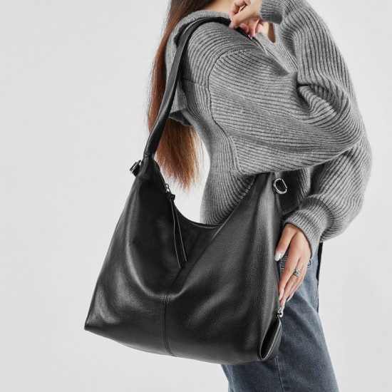 Genuine leather large-capacity stylish new Korean-style trendy solid color casual commuter shoulder tote bag