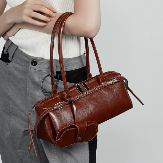 Genuine Leather Niche Retro Motorcycle Style, Cool Belt Decorated Handbag, New Single Shoulder Underarm Sausage Baguette Bag Genuine Leather Niche Retro Motorcycle Style, Cool Belt Decorated Handbag, New Single Shoulder Underarm Sausage Baguette Bag