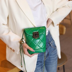 Fashionable genuine leather chain phone bag, Chanel 2025 new diamond-cut gemstone small gold ball shoulder and crossbody calfskin bag