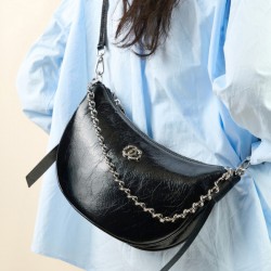 New genuine leather women's bags, versatile, sweet, ladylike, top-grain cracked cowhide shoulder bag, simple and elegant, dumpling-shaped crescent-shaped bag