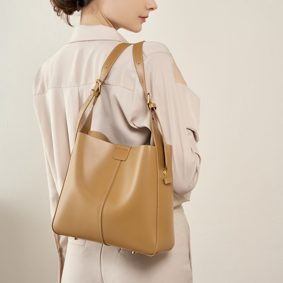 Genuine leather women's bag, 2025 new spring bucket bag, soft leather shoulder crossbody tote, large capacity commuter handbag