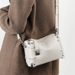 2023 new women's rivet genuine leather bags, new popular square soft box top-grain lazy style crossbody bags