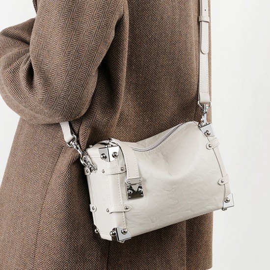 2023 new women's rivet genuine leather bags, new popular square soft box top-grain lazy style crossbody bags