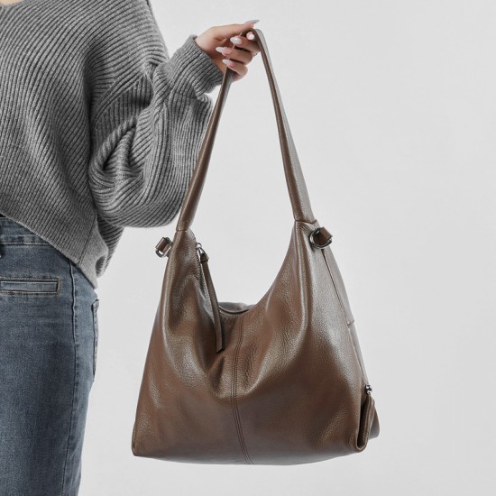 Genuine leather large-capacity stylish new Korean-style trendy solid color casual commuter shoulder tote bag