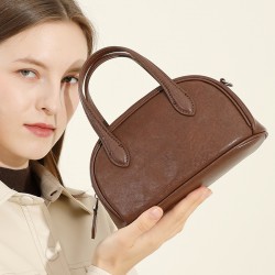 Retro new genuine leather women's bags, cross-border vegetable-tanned cowhide Boston bowling bags, niche shoulder and crossbody handbags