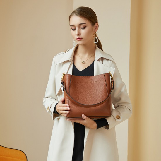 2025 spring/summer new top-grain cowhide retro genuine leather women's bag, large-capacity bucket bag, versatile shoulder/crossbody bag