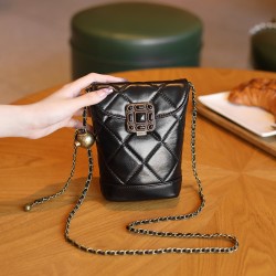 Fashionable genuine leather chain phone bag, Chanel 2025 new diamond-cut gemstone small gold ball shoulder and crossbody calfskin bag
