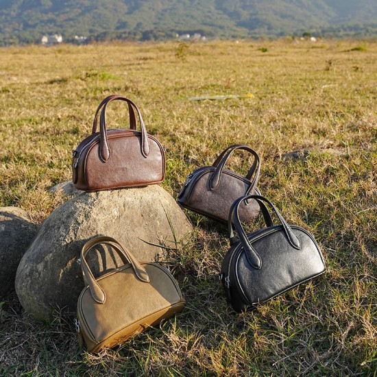 Retro new genuine leather women's bags, cross-border vegetable-tanned cowhide Boston bowling bags, niche shoulder and crossbody handbags