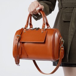 New Winter Genuine Leather Boston Pillow Bag, Fashionable and Casual Handbag, Cowhide Shoulder Bag for Women