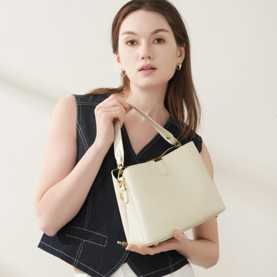 2025 new top-grain cowhide bag, trendy large-capacity bucket bag, simple and versatile genuine leather shoulder and crossbody handbag